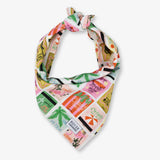 Colorful bandana with vintage-style graphics on a white background