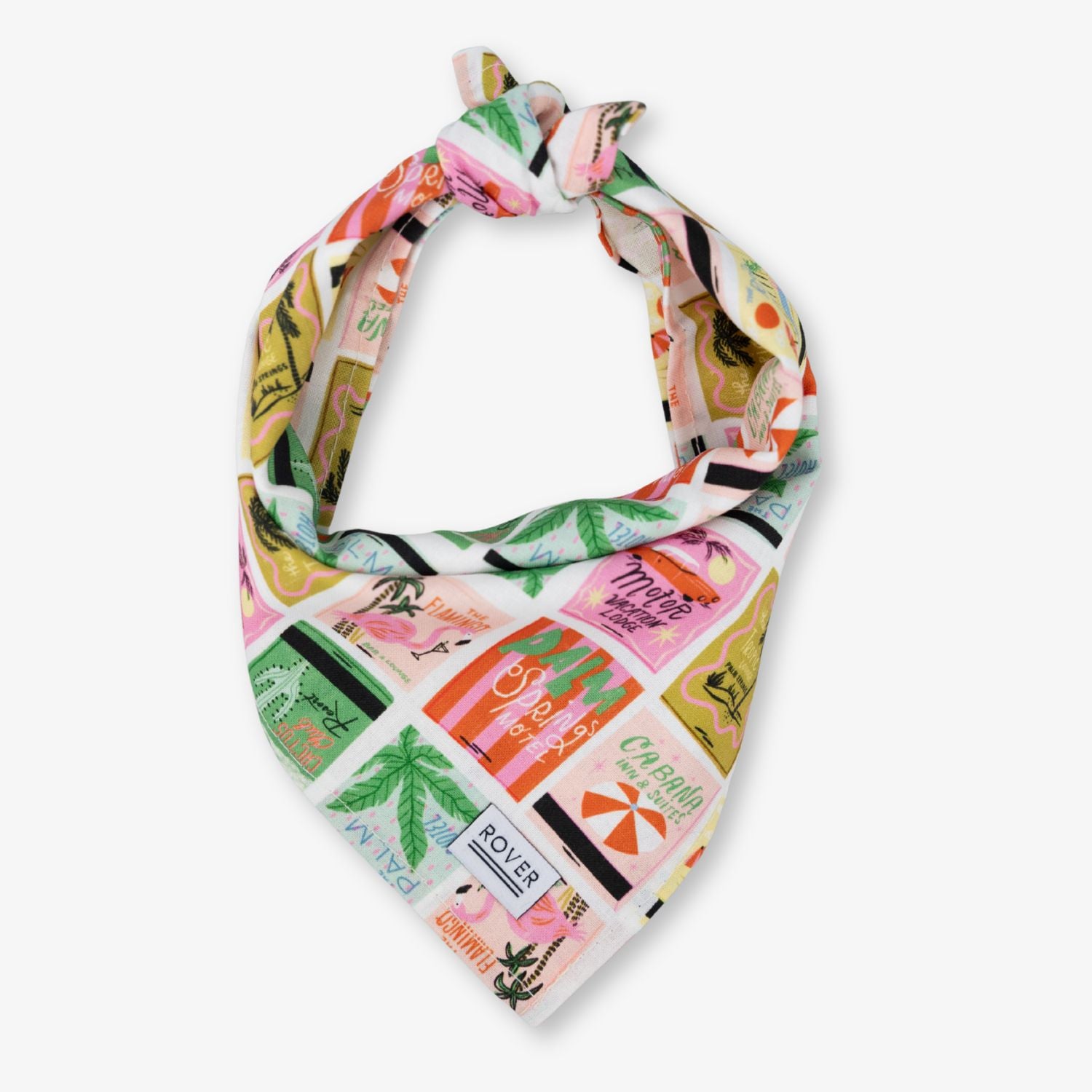 Colorful bandana with vintage-style graphics on a white background
