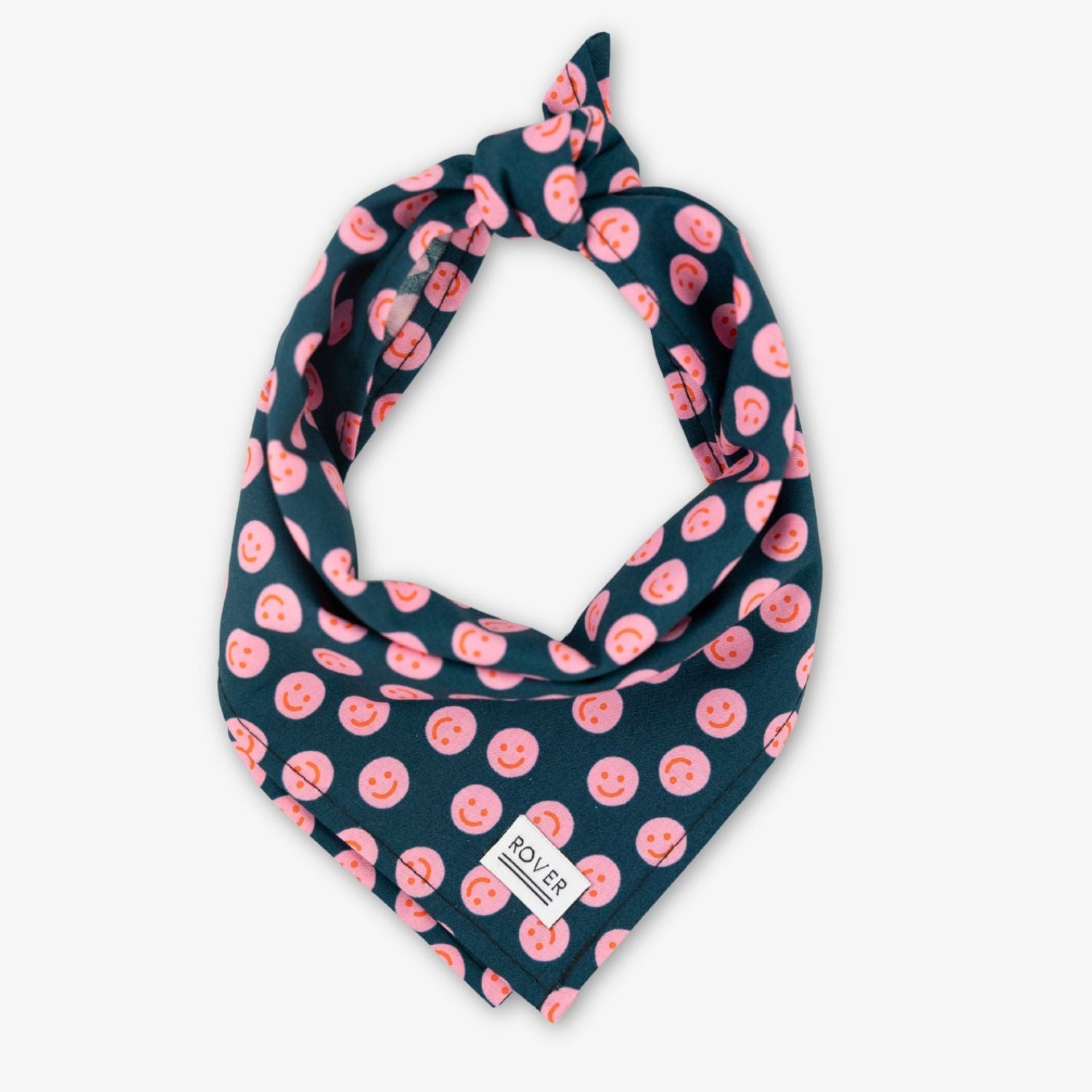 Navy blue bandana with pink happy faces  pattern on a white background