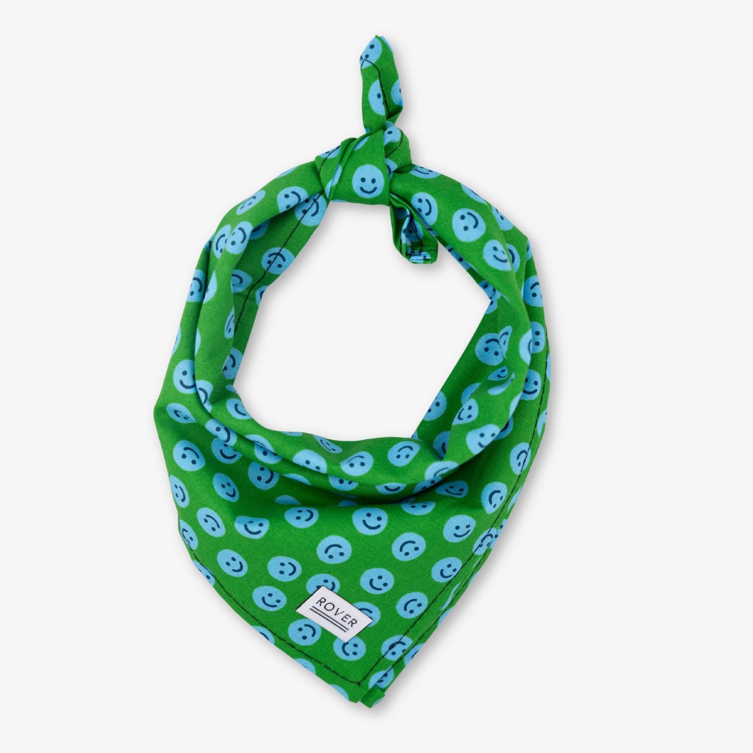 Green bandana with blue smiley face pattern on a white background