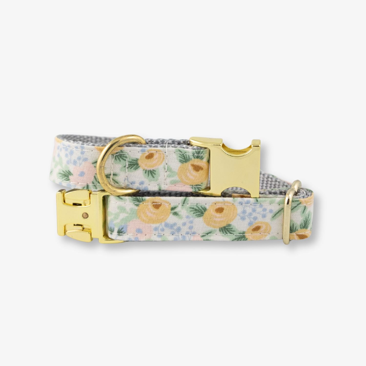 Floral-patterned dog collar with gold hardware on a white background