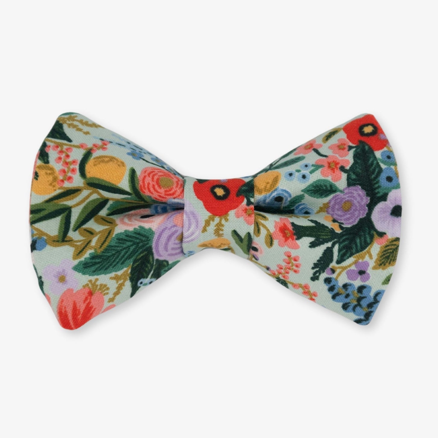 A medium-sized bow tie with a floral pattern and an elastic webbing attachment collar for pets.