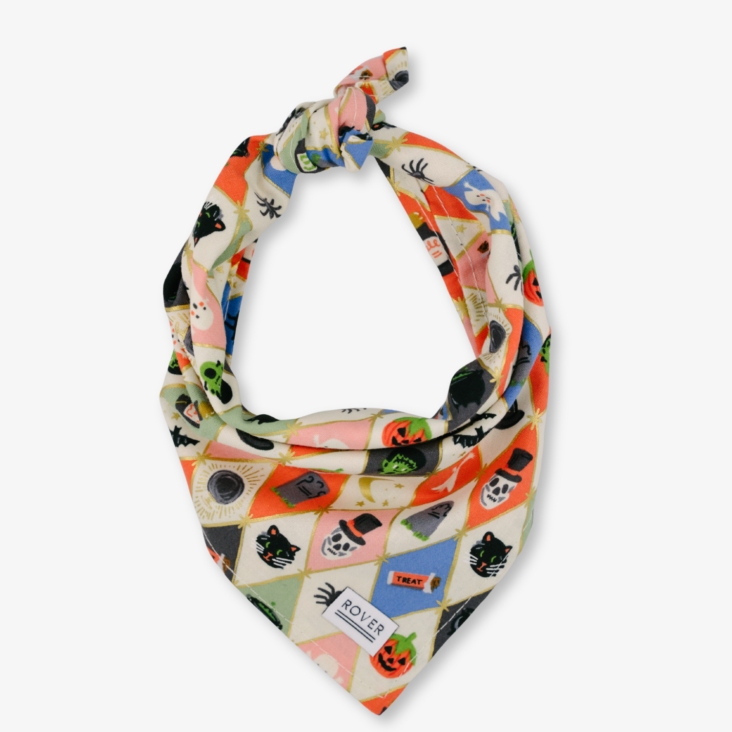 A knotted square scarf featuring a colorful Halloween-themed patchwork print with pumpkins, ghosts, spiders, and cats, displayed on a light gray background.