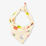 Neon yellow bandana with colorful fruit pattern on a white background