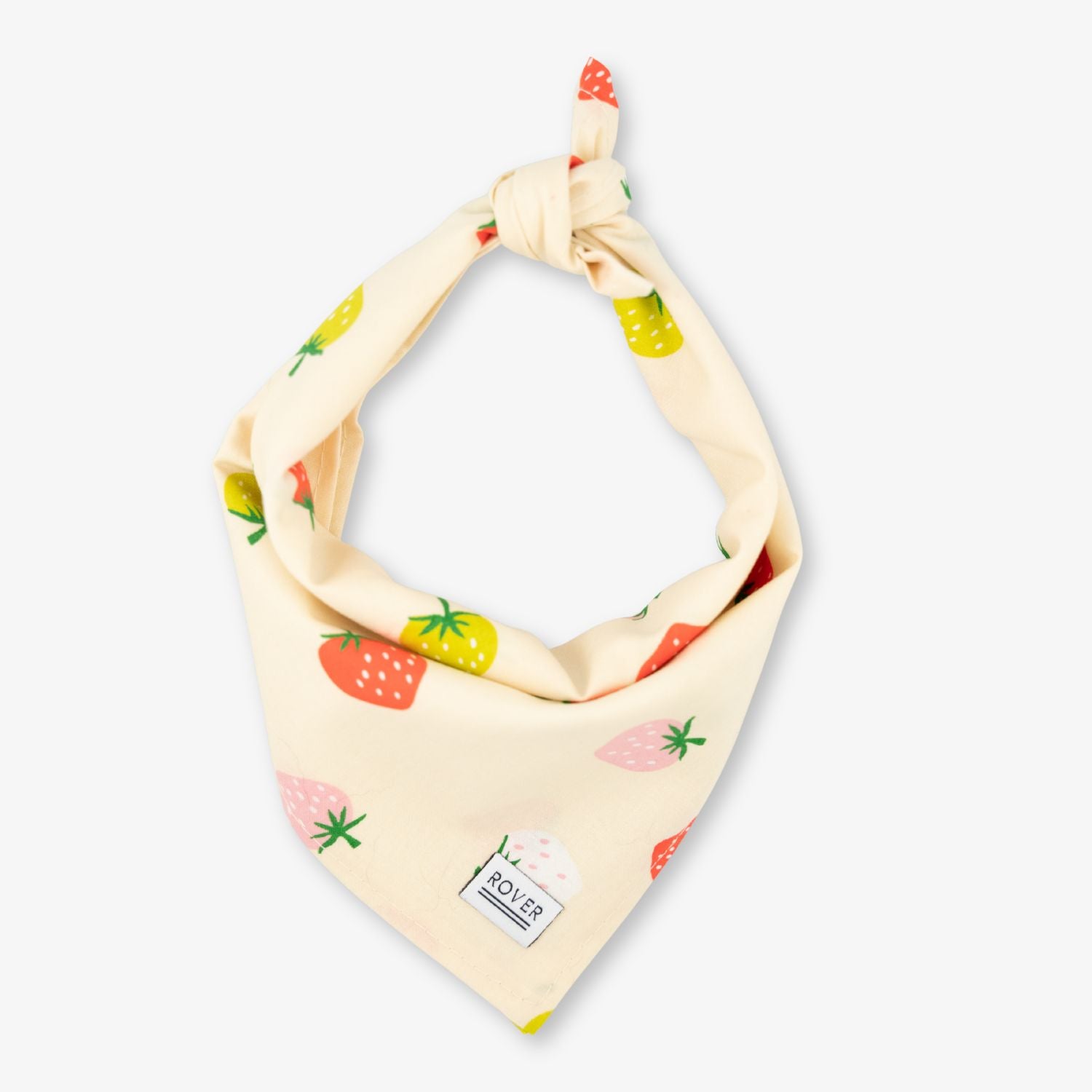 Neon yellow bandana with colorful fruit pattern on a white background