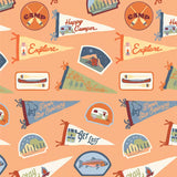 Camping-themed pattern with flags, campfires, and nature elements on an orange background.