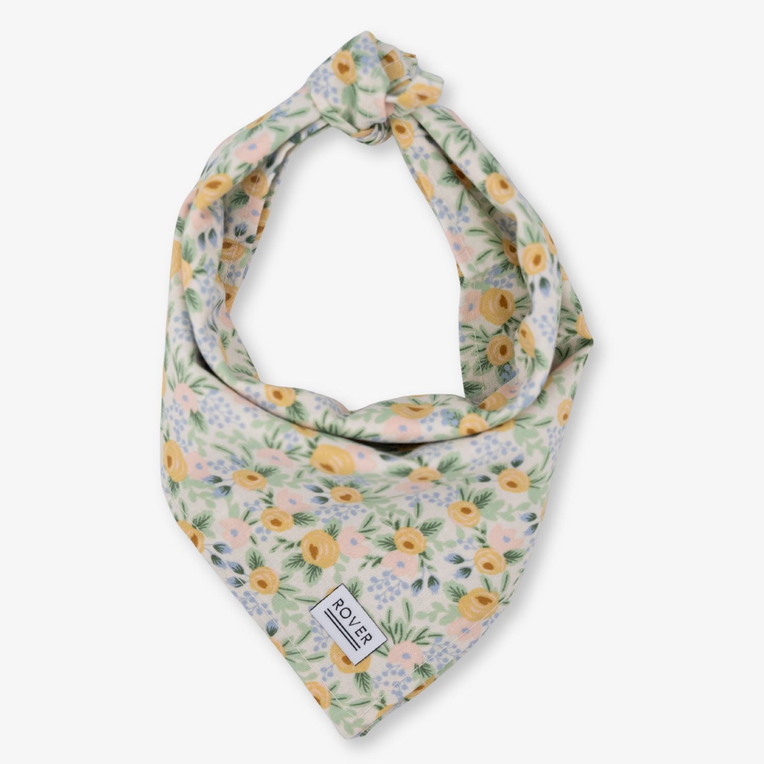 Floral patterned bandana with a brand label on a white background