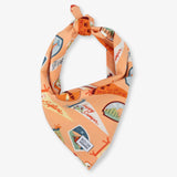 Orange bandana with camping-themed designs on a white background