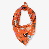 An orange dog bandana with a Halloween-themed pattern including characters and text 'R&B'.