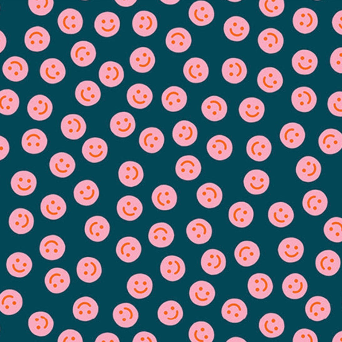 Pattern of pink smiley faces on blue background
