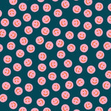 Pattern of pink smiley faces on blue background