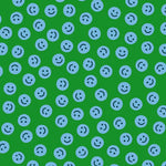 Pattern of blue smiley faces on a green background
