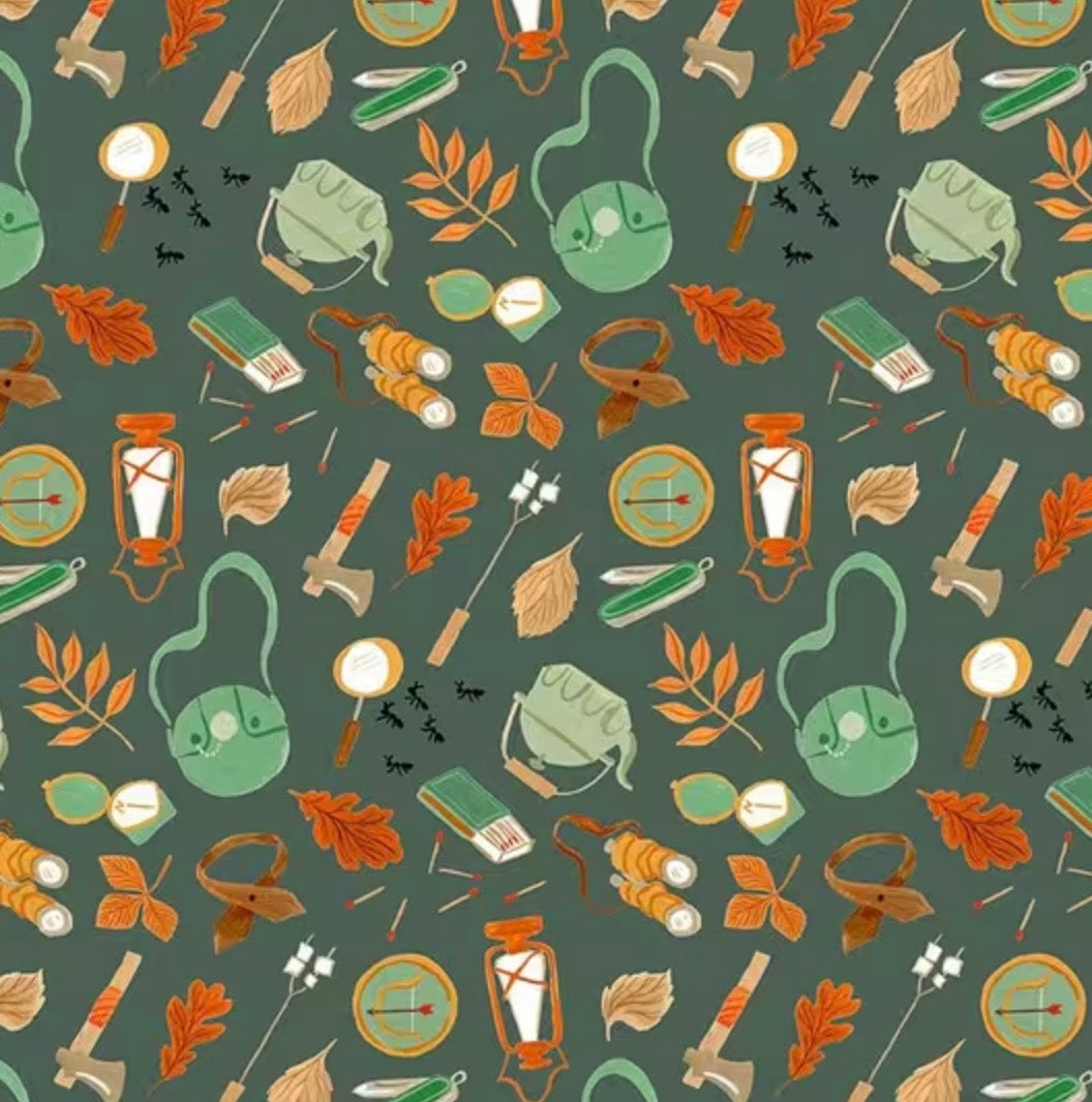Pattern of camping and nature-themed items on a green background