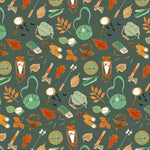 Pattern of camping and nature-themed items on a green background