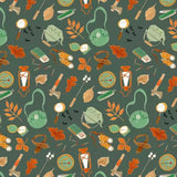 Pattern of camping and nature-themed items on a green background