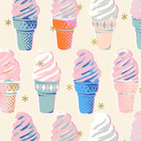 Pattern of colorful ice cream cones on a beige background