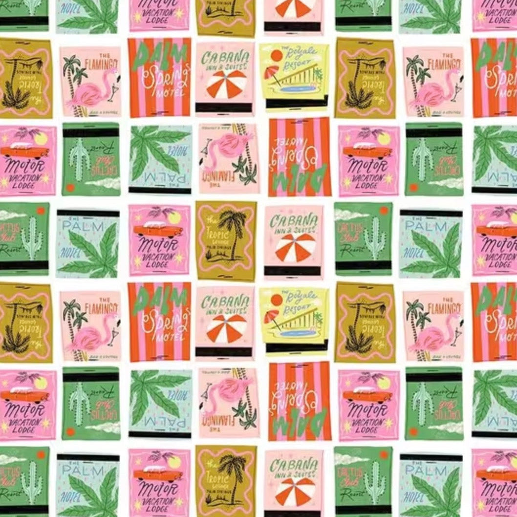 Pattern of colorful product packaging with various designs and text.
