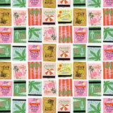 Pattern of colorful product packaging with various designs and text.
