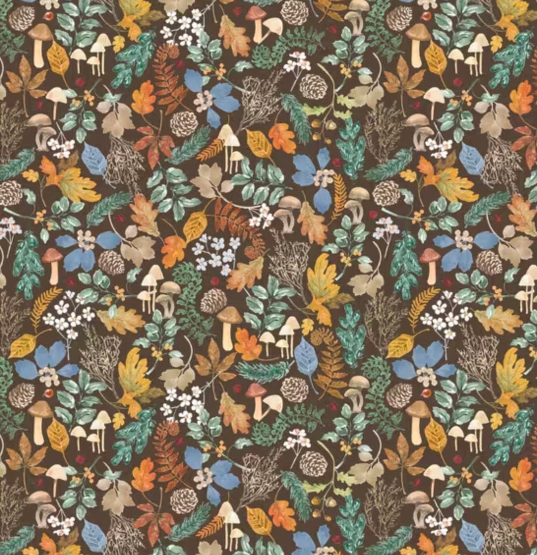 A repeating woodland pattern featuring mushrooms, leaves, berries, pinecones, and small flowers on a dark brown background.