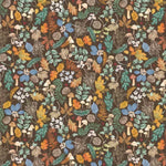 A repeating woodland pattern featuring mushrooms, leaves, berries, pinecones, and small flowers on a dark brown background.