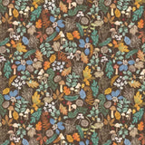 A repeating woodland pattern featuring mushrooms, leaves, berries, pinecones, and small flowers on a dark brown background.