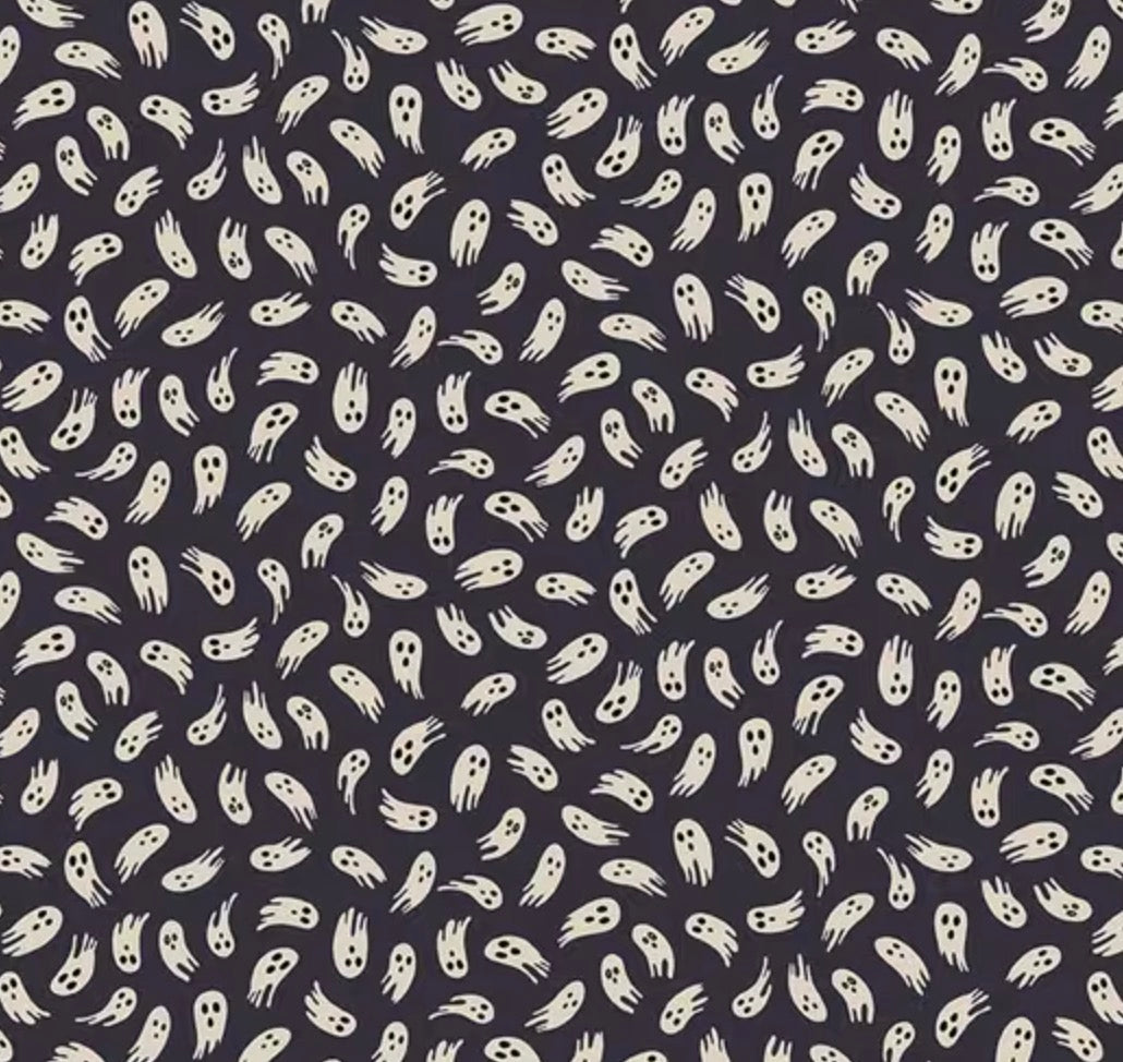 A repeating pattern of small cream-colored ghost-like faces on a dark charcoal background.