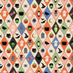 A repeating Halloween-themed diamond pattern with illustrated ghosts, pumpkins, cauldrons, witches' hats, crows, bats, tombstones, and potion bottles on a cream background.
