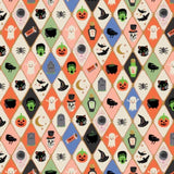 A repeating Halloween-themed diamond pattern with illustrated ghosts, pumpkins, cauldrons, witches' hats, crows, bats, tombstones, and potion bottles on a cream background.