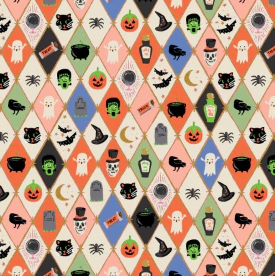 A repeating Halloween-themed diamond pattern with illustrated ghosts, pumpkins, cauldrons, witches' hats, crows, bats, tombstones, and potion bottles on a cream background.