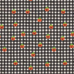 A repeating Halloween pattern featuring small orange jack-o'-lantern pumpkins with green tops on a black and white gingham check background.