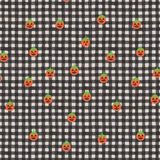 A repeating Halloween pattern featuring small orange jack-o'-lantern pumpkins with green tops on a black and white gingham check background.