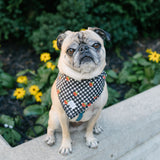 A fawn pug dog wearing a black and white checkered bandana with orange embroidered details sits on a concrete ledge in front of a garden with yellow flowers and green hedges.