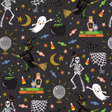 A repeating Halloween pattern on a dark charcoal background featuring cartoon skeletons, ghosts, witches on broomsticks, cauldrons, potions, stars, candy corn, cobwebs, and moons in black, white, orange, yellow, green, and blue.