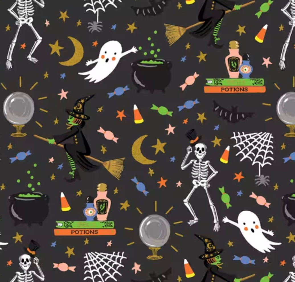 A repeating Halloween pattern on a dark charcoal background featuring cartoon skeletons, ghosts, witches on broomsticks, cauldrons, potions, stars, candy corn, cobwebs, and moons in black, white, orange, yellow, green, and blue.