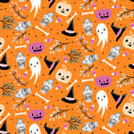 A repeating Halloween pattern on a bright orange background, featuring cartoon jack-o'-lanterns, white ghosts, black witch hats, gray tombstones with 'RIP', bones, candy corn, pine branches, and small black stars.