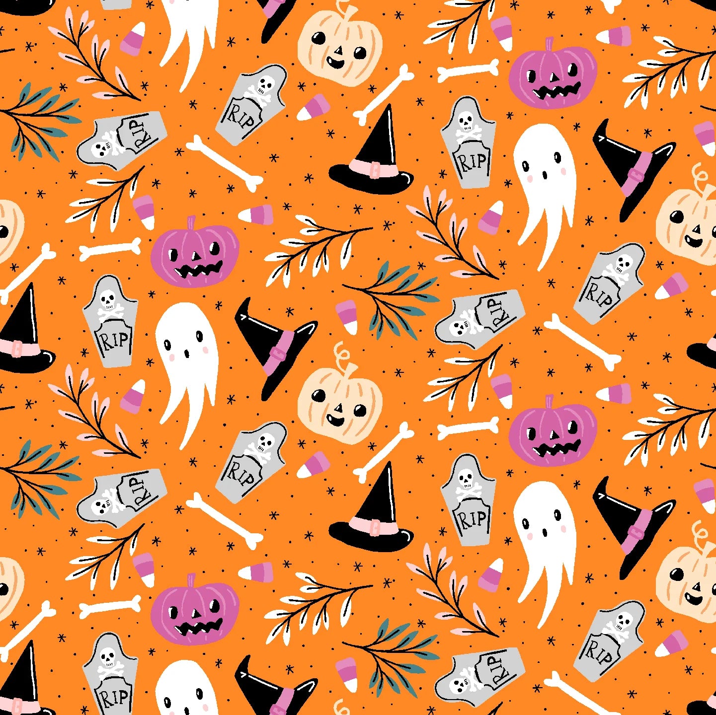 A repeating Halloween pattern on a bright orange background, featuring cartoon jack-o'-lanterns, white ghosts, black witch hats, gray tombstones with 'RIP', bones, candy corn, pine branches, and small black stars.