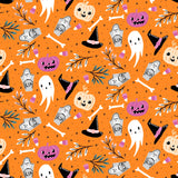 A repeating Halloween pattern on a bright orange background, featuring cartoon jack-o'-lanterns, white ghosts, black witch hats, gray tombstones with 'RIP', bones, candy corn, pine branches, and small black stars.