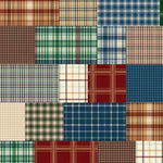 A patchwork-style fabric pattern made of multiple plaid and houndstooth panels in brown, green, blue, red, cream, and beige tones.