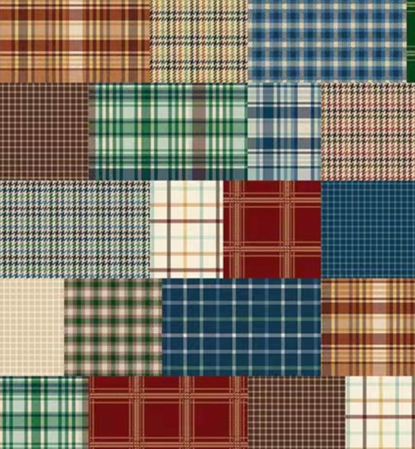 A patchwork-style fabric pattern made of multiple plaid and houndstooth panels in brown, green, blue, red, cream, and beige tones.